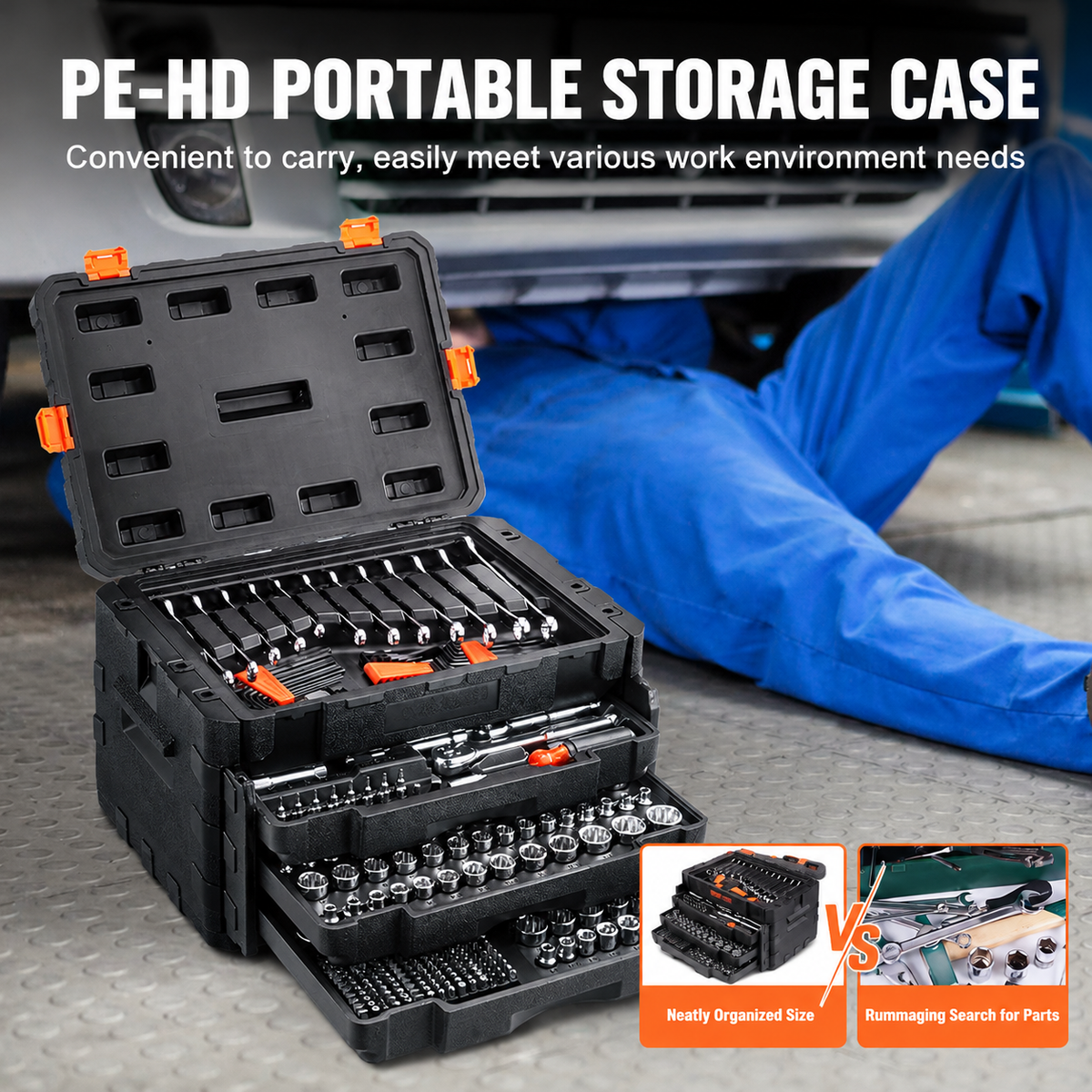 Mechanics Tool Set and Socket Set, 1/4" 3/8" 1/2" Drive Deep and Standard Sockets, 450 Pcs SAE and Metric Mechanic Tool Kit with Bits, Hex Wrenches, Combination Wrench, Accessories, Storage Case