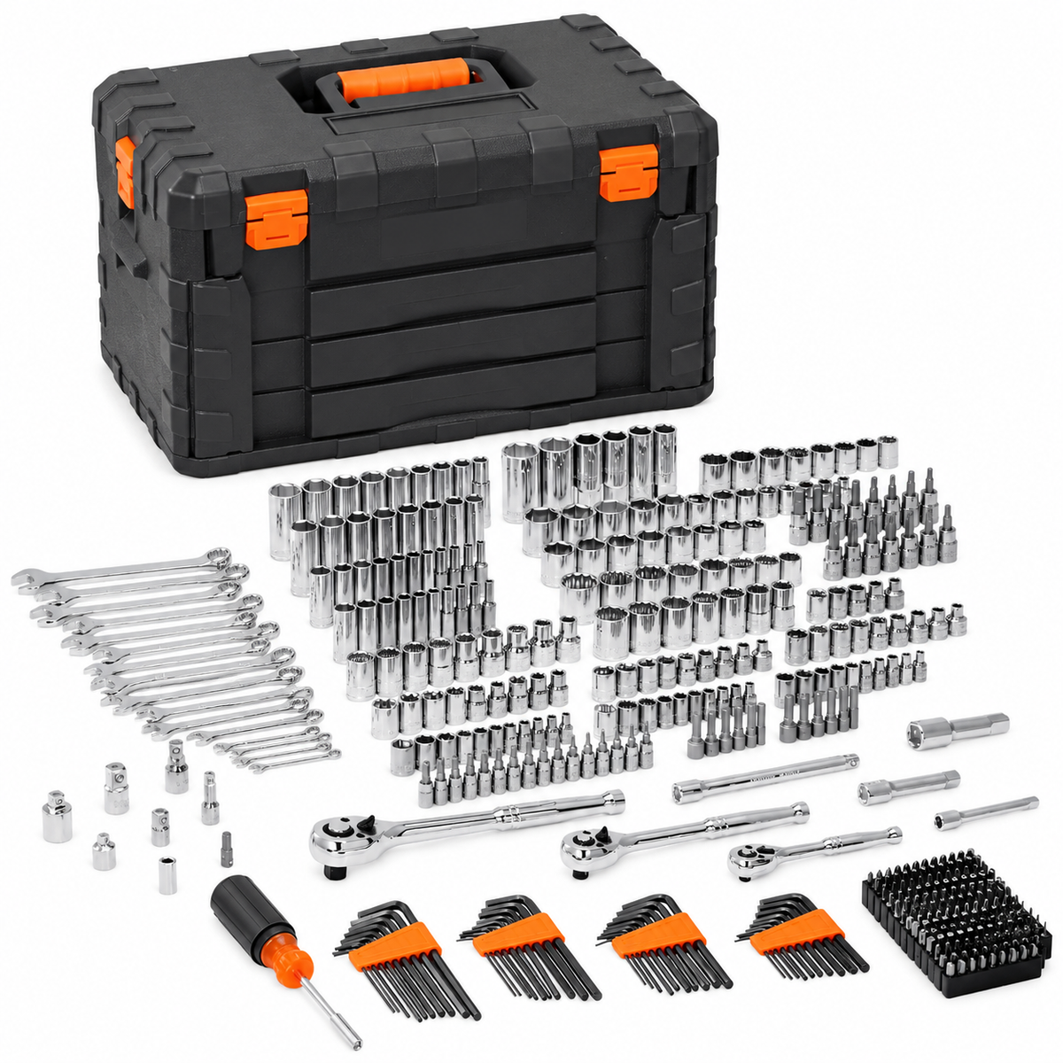 Mechanics Tool Set and Socket Set, 1/4" 3/8" 1/2" Drive Deep and Standard Sockets, 450 Pcs SAE and Metric Mechanic Tool Kit with Bits, Hex Wrenches, Combination Wrench, Accessories, Storage Case