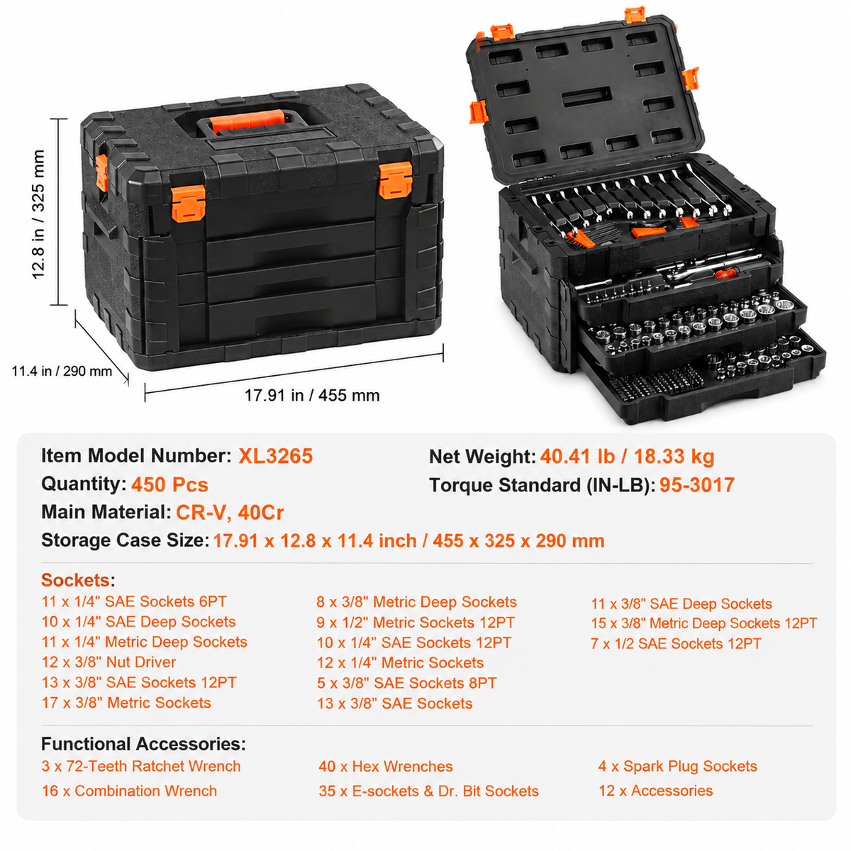 Mechanics Tool Set and Socket Set, 1/4" 3/8" 1/2" Drive Deep and Standard Sockets, 450 Pcs SAE and Metric Mechanic Tool Kit with Bits, Hex Wrenches, Combination Wrench, Accessories, Storage Case