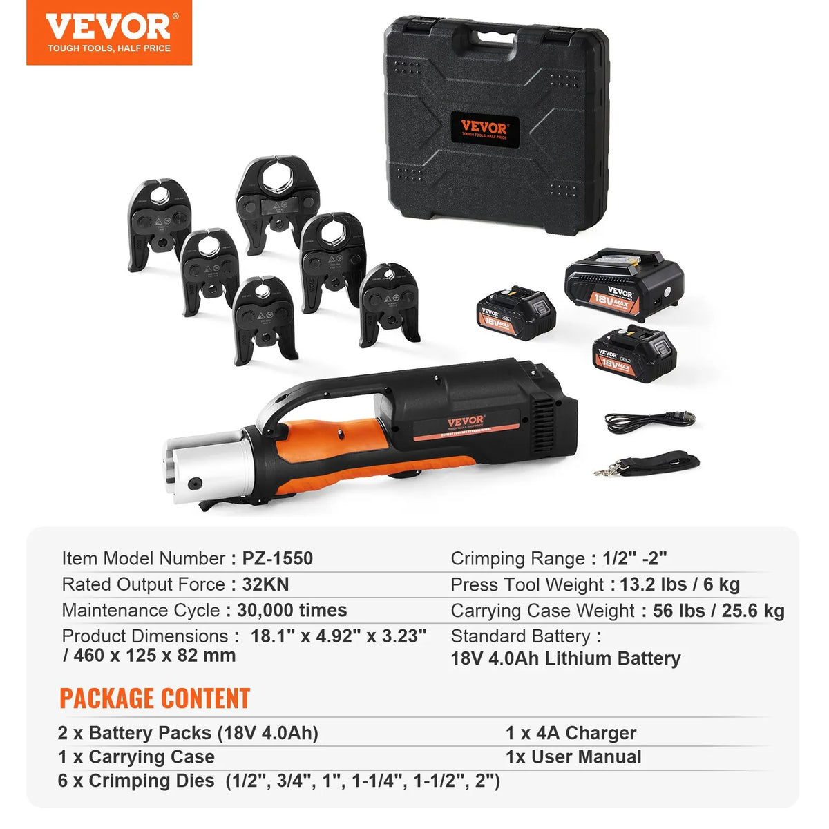 Press Tool, 18V Electric Pipe Crimping Tool for 1/2" to 2" Copper Pipes, 32KN Press Tool Kit Compatible with ProPress - with 6 VUS Press Jaws, 2pcs 4AH Battery, Fast Charger & Carrying Case